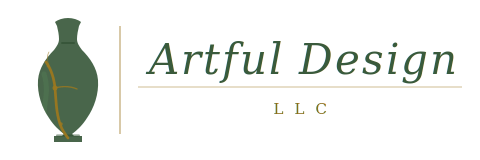 Artful Design LLC logo — a forest green antique vase with a kintsugi gold crack, beside the words Artful Design LLC in green italic script