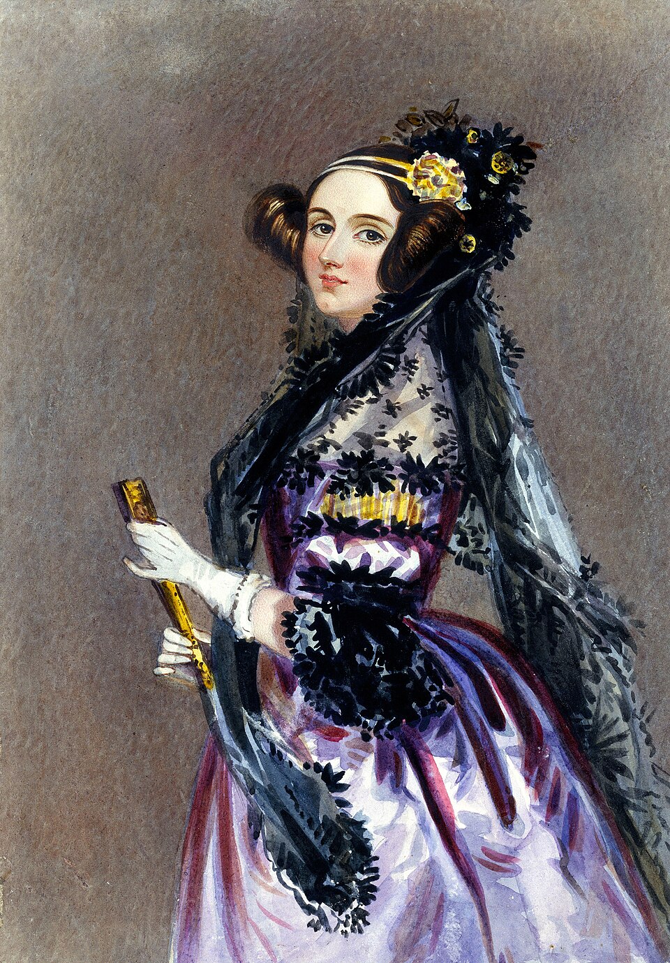 Hand-coloured engraving of Ada Lovelace in a pale gown and dark lace shawl, holding a fan, flowers in her hair.